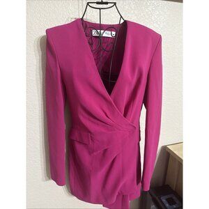 ZARA Women’s Draped Blazer Dress Size XS purple Fuscia Long Sleeve V-Neck- NEW!